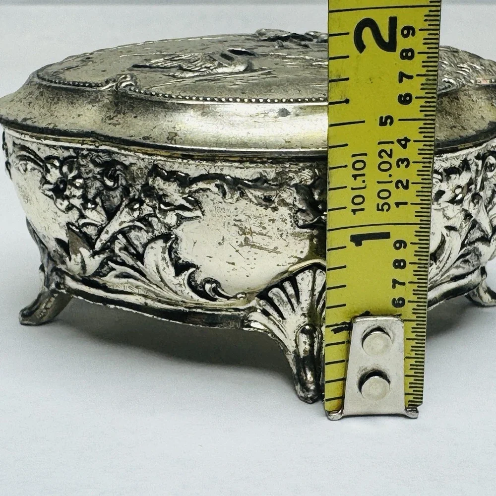 VTG Silver Metal Trinket Or Jewelry Box Lined W/ Red Velvet And An Embossed Top